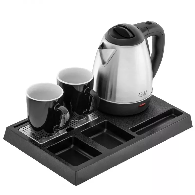 Adler AD 1354 chaleira de hotel em aço inoxidável 1,2 L + tabuleiro com chávenas preto, aço