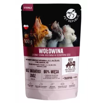 Saqueta de comida húmida para gatos PetRepublic STERIL 100 g — filetes com vaca, para gatos adultos esterilizados