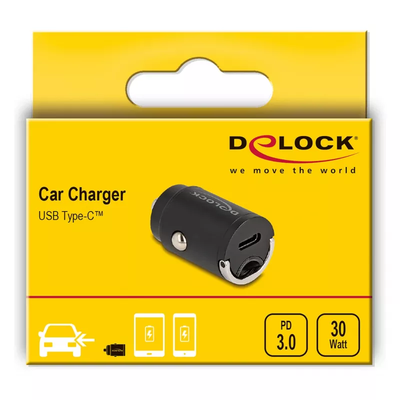 DeLOCK 64278 Mini carregador de automóvel USB-C PD 3.0, 30 W, 3 A, preto