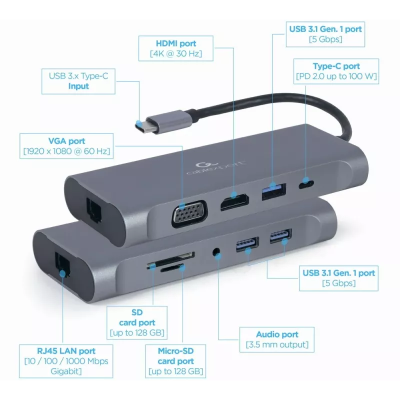 Dock/porta-replicador para portátil Gembird A-CM-COMBO7-01 USB 3.2 Gen 1 (3.1 Gen 1) Type-A cinzento