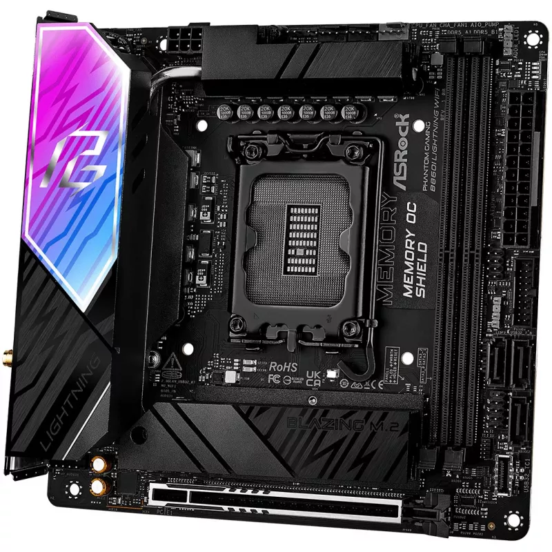 Placa-mãe ASROCK B860I Lightning WiFi — Intel B860, LGA 1851, Mini-ITX, DDR5, 2x DIMM, 4x M.2, 2.5Gb LAN, Wi‑Fi 6E, Bluetooth 5.3