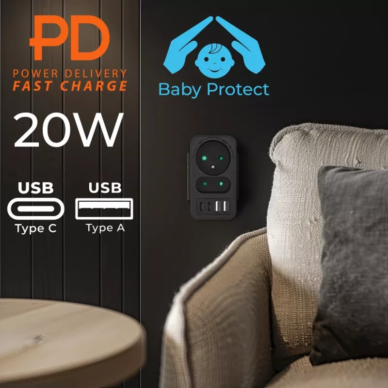 Power Splitter MACLEAN MCE249 F/B – 2 tomadas AC (16A + 6A) com 2×USB-A e 2×USB-C PD 20W, ficha EU, preto
