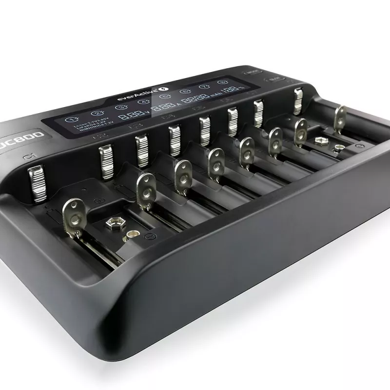 Carregador de baterias everActive UC-800 AC 12V 3A — para LiFePO4/LiPo/NiMH, suporta AA/AAA/9V, até 10 baterias, entrada 12 V, visor integrado, preto