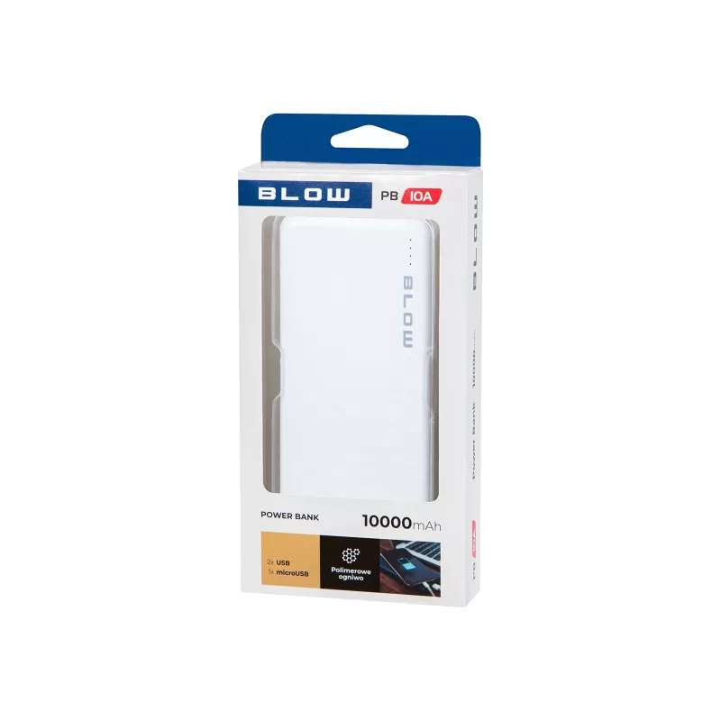 Blow PB10A power bank 10000 mAh, 2x USB (1A + 2,1A), entrada micro USB, Li-Po, branco