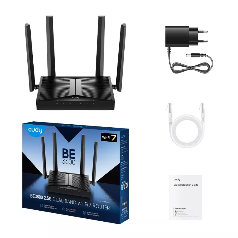 Router de mesa Cudy WR3600H Wi‑Fi 7 Dualband 2.4/5 GHz, 2882 Mbit/s, Gigabit Ethernet, 4 portas LAN, 12 V DC