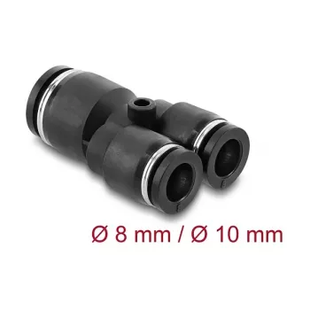 Conector pneumático em Y DELOCK 2×8 mm → 1×10 mm com orifício de fixação, metal/plástico, 44 mm