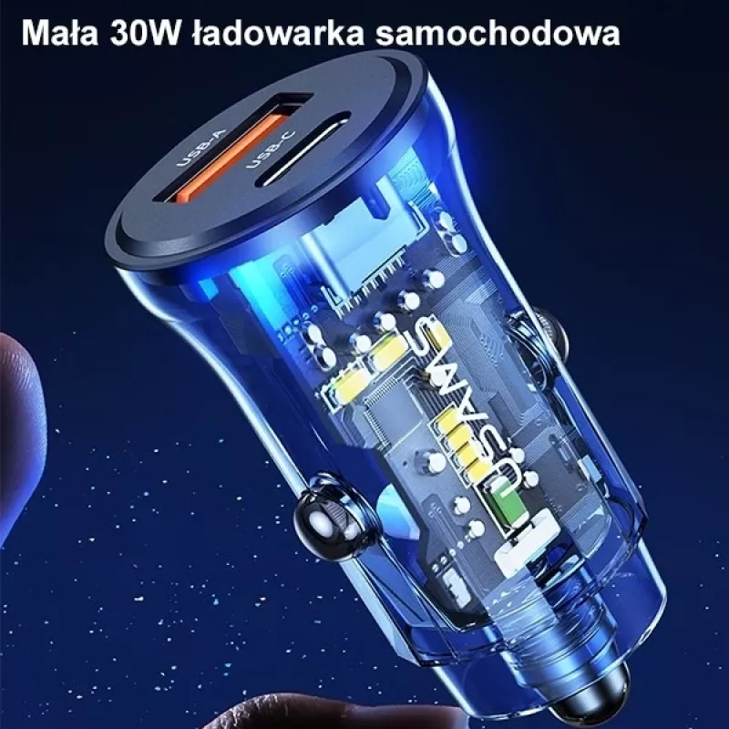 Carregador de automóvel usams CC164CC01 30W com 1×USB-A e 1×USB-C para carregamento rápido