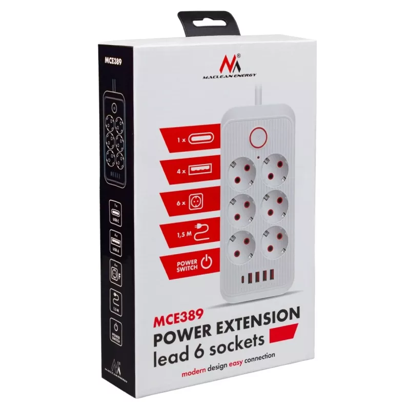 Extensão elétrica MACLEAN MCE389 B — 6 tomadas, 4×USB-A + 1×USB-C, 110–240V, 2,1A, 2500W, cabo de 1,5 m, preto