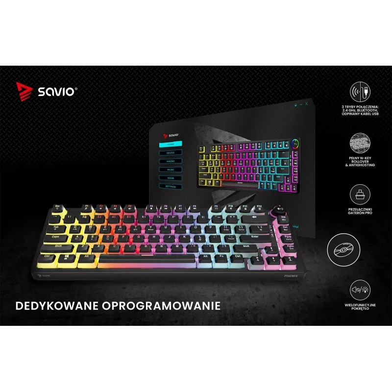 Teclado gaming Savio SAVGK-PHENIX RED PUDDING mecânico RGB Wireless