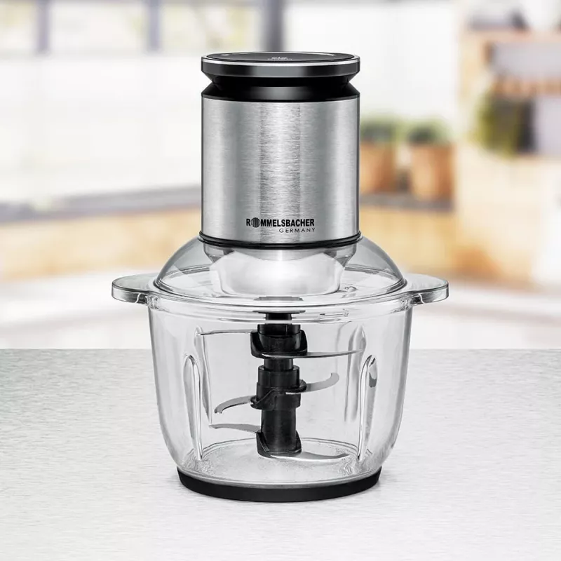 Picadora elétrica Rommelsbacher MZ 600 — taça de vidro de 2 L, 600 W, caixa em aço inoxidável, 22 velocidades, 6 lâminas