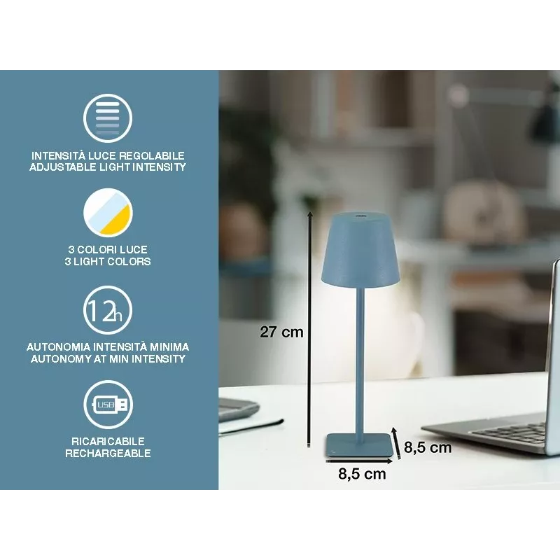 Beper P207ILI200 candeeiro de mesa LED recarregável, interruptor tátil, regulável, azul ardósia