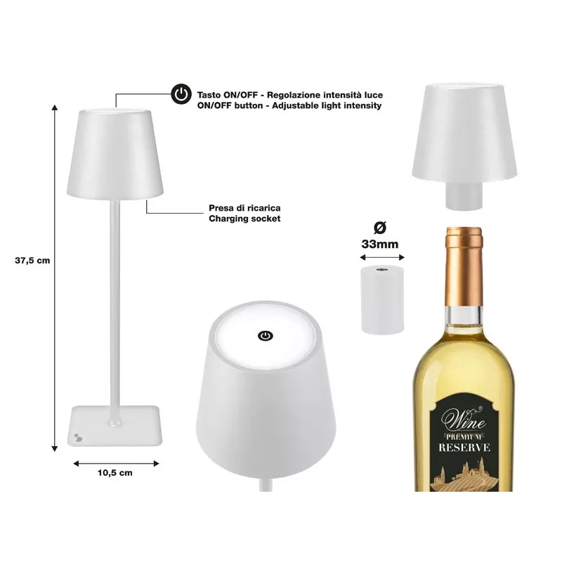 Beper P201UTP119 candeeiro de mesa LED recarregável, 1,5 W, interruptor tátil, regulável, adaptador para garrafa de 33 mm, resistente à água, prateado