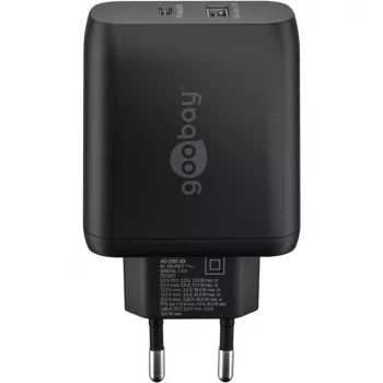 Carregador duplo rápido USB-C, PD, GaN, 65 Watt (preto, 1x USB-C, 1x USB-A, Power Delivery)