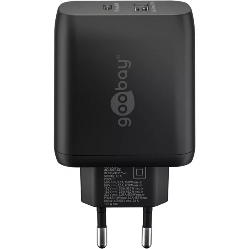 Carregador duplo rápido USB-C, PD, GaN, 65 Watt (preto, 1x USB-C, 1x USB-A, Power Delivery)