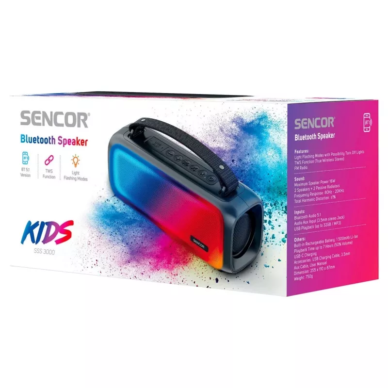 Sencor SSS 3000 KIDS coluna Bluetooth, 16 W, rádio FM, painel LED