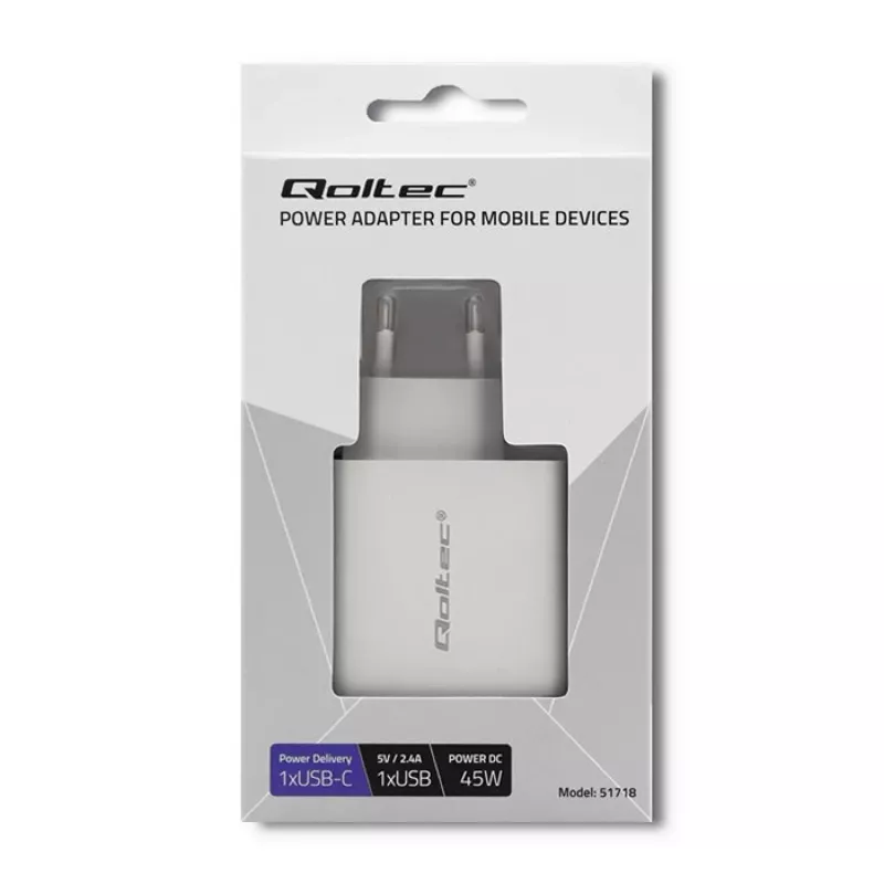 Carregador Qoltec 51718 | 45W | 5-20V | 2,4-3A | USB Type-C PD | USB | branco