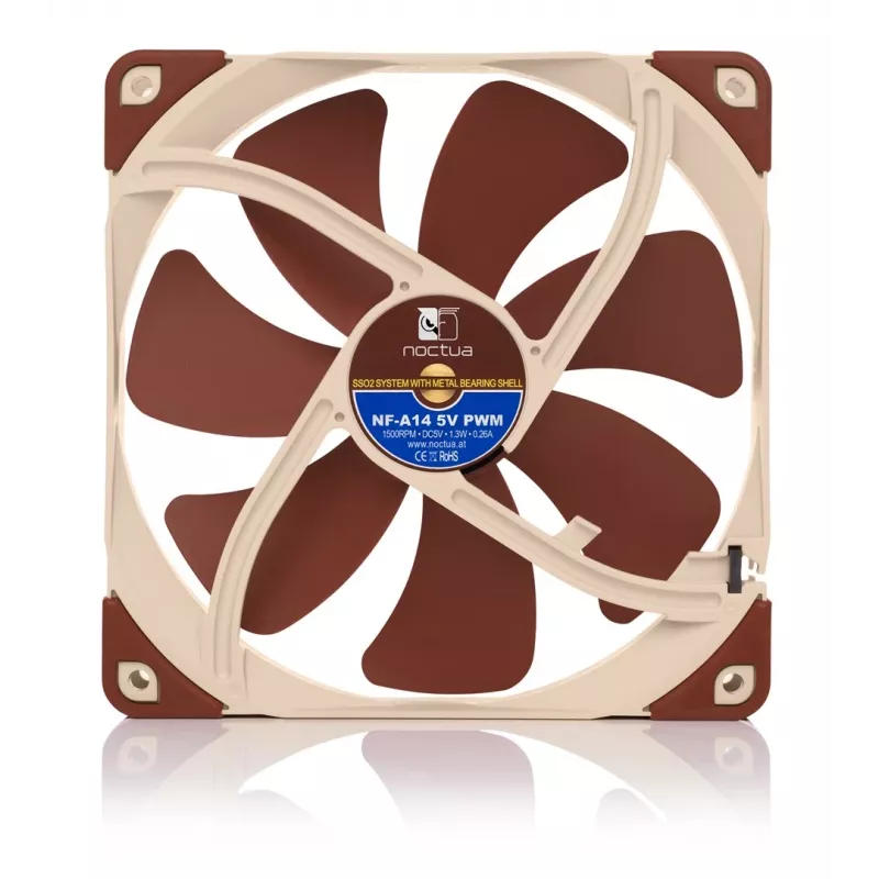 Noctua NF-A14 5V PWM ventoinha de caixa de 140 mm, 300–1500 rpm, 24,6 dB, bege/castanho