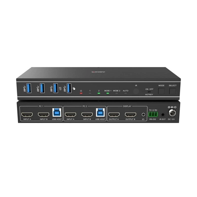 Comutador KVM Lindy 2 portas Dual Head HDMI 4K60, USB 3.0, 4096 x 2160 píxeis, 4K Ultra HD, preto