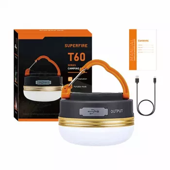 Lanterna de campismo Superfire T60 2,5 W com bateria recarregável de 1000 mAh