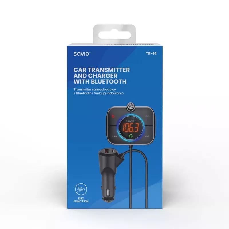 Transmissor FM SAVIO TR-14 Bluetooth USB, FM 87,6–107,9 MHz, MicroSD, USB-C, alimentação 12 V automóvel