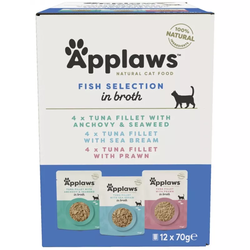 Applaws seleção de peixe em caldo, multipack de ração húmida para gatos, 12 × 70 g