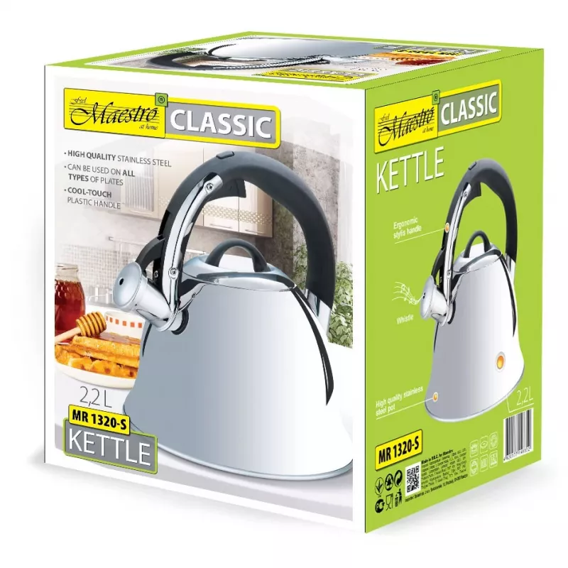 Maestro MR-1320-S chaleira com apito para fogão, 2,2 l, aço inoxidável