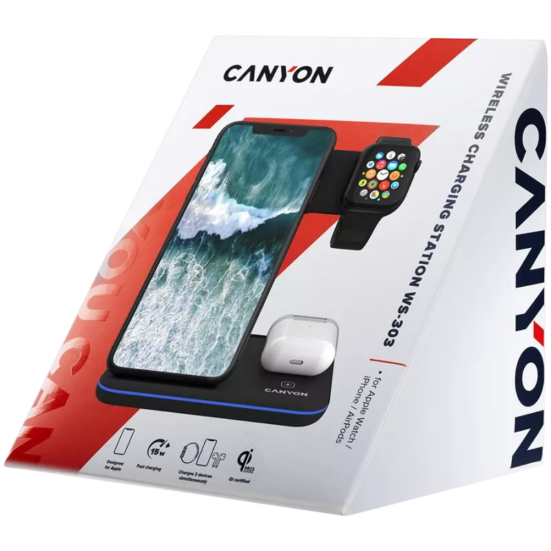 Carregador sem fios Canyon Dock 3em1 QI para Apple 15W preto retalho