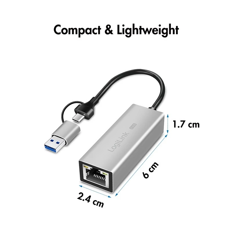 Adaptador USB-A/-C para Ethernet 2,5G, cinzento