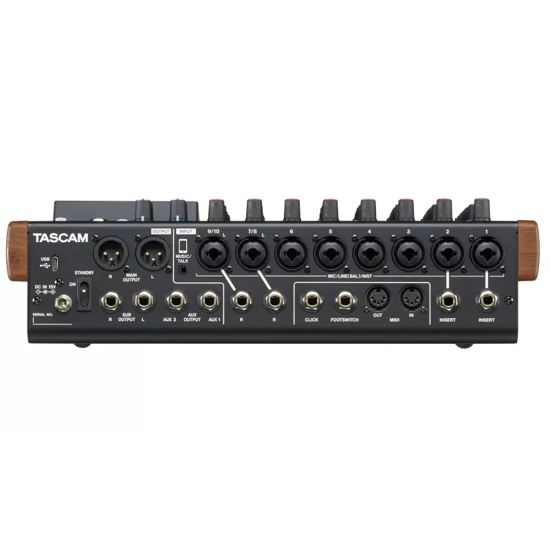 Tascam Model 12 mesa de mistura de 10 canais com gravador de 12 pistas, 20–20000 Hz, preto/madeira