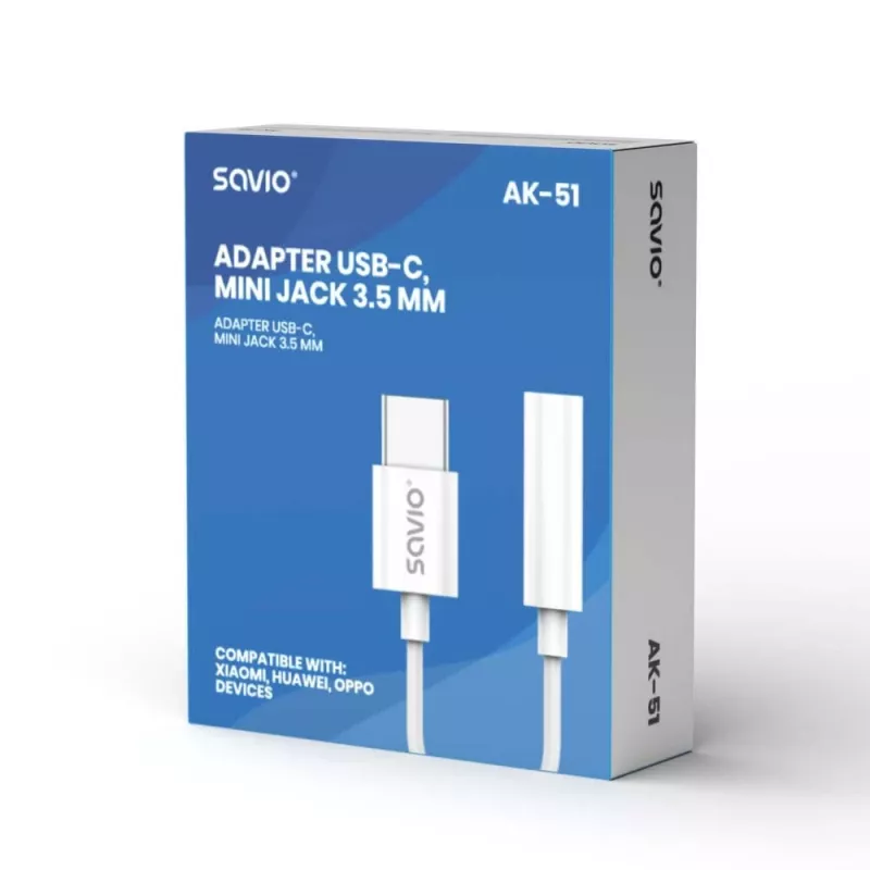Adaptador de áudio USB Type 3.1 C (M) – Jack 3,5mm (F) branco SAVIO AK-51