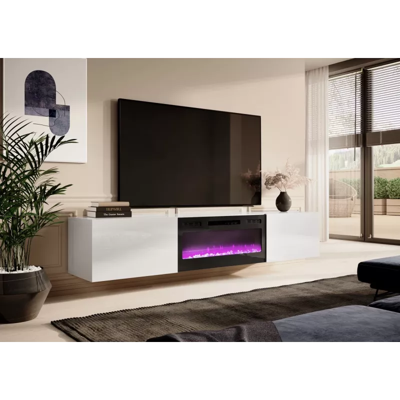 Móvel de TV Cama Meble SLIDE 200K com lareira elétrica 200x40x37 cm branco brilhante