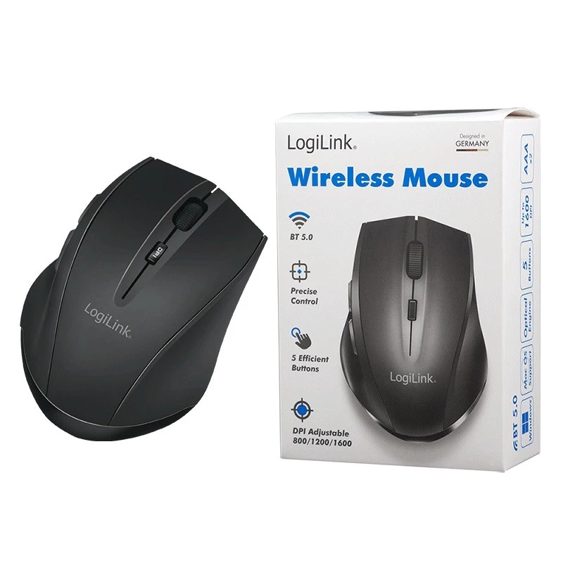Rato sem fios Logilink BT5.0, ergonómico, preto