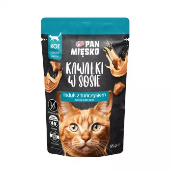 Alimento húmido para gatos Pan Mięsko peru com atum 85 g — Alimento húmido completo para gatos adultos, 81% humidade, 10,5% proteína