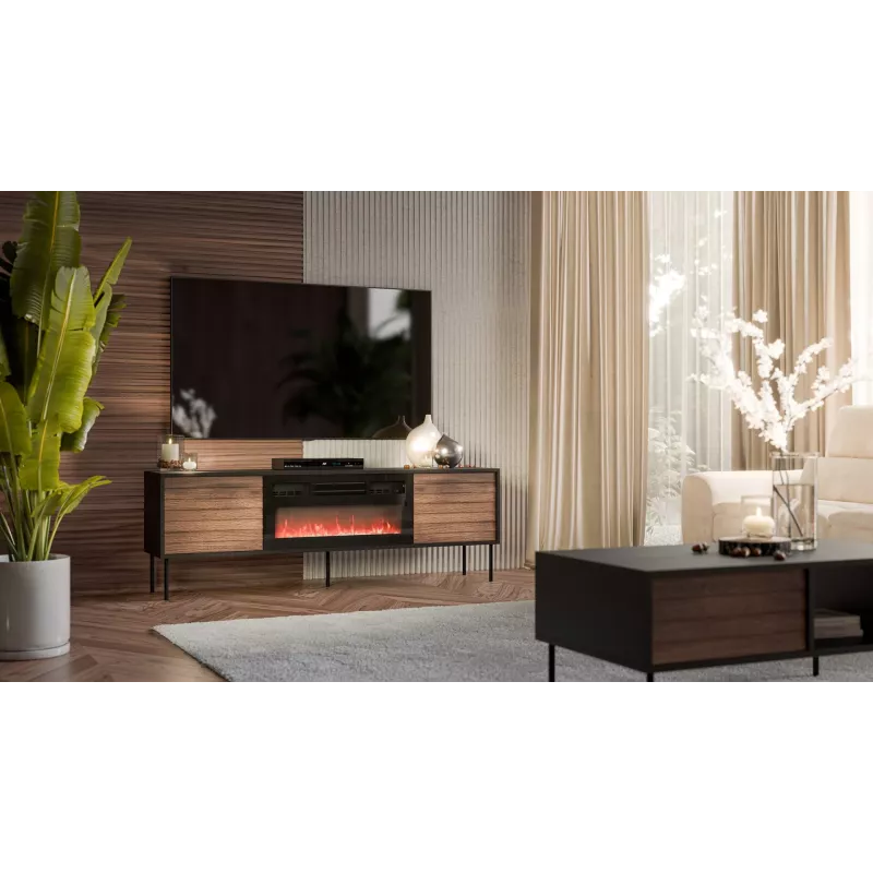 Móvel de TV cama meble CORTINA 180x40x60 cm preto/nogueira com lareira elétrica preta