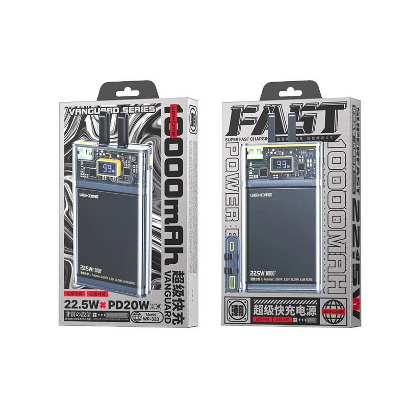 Power bank WEKOME WK-WP-323 série Vanguard, 10000 mAh, cabo USB-C e Lightning integrado, PD 20 W + QC 22,5 W