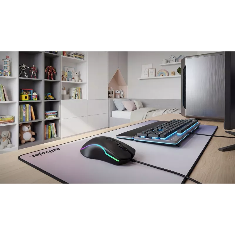 Rato gaming com fios aquecido ActiveJet AMY-W390 — ambidestro, ótico 2000 DPI, USB Type-A, 4 botões, preto