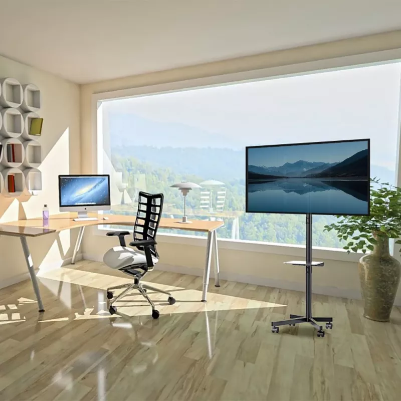 Maclean MC-949 suporte móvel com rodas para TV de 32–55 polegadas, VESA 75×75–400×400, máx. 25 kg, altura 149,5–154,5 cm, inclinação +5°, prateleira, preto