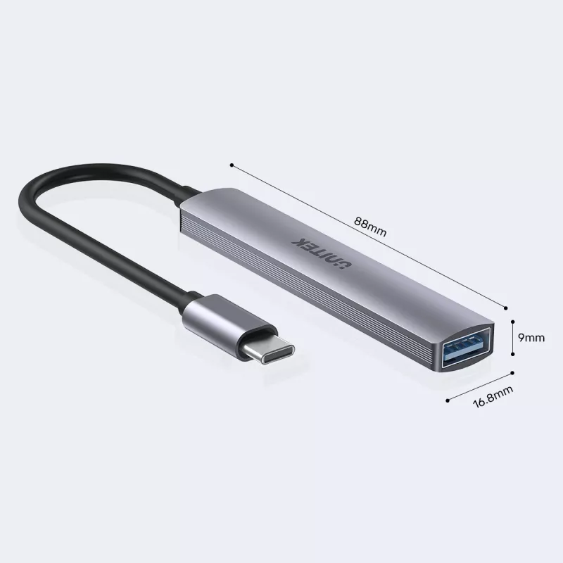 Hub USB-C Unitek H1208B — 1x USB-A 5 Gbit/s, 3x USB-A 2.0, host USB-C, caixa em alumínio, cabo de 0,20 m