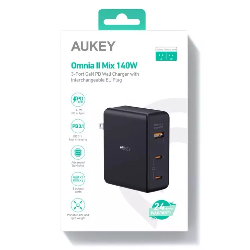 Carregador de parede Aukey PA-B7O, 3×USB, tecnologia GaN