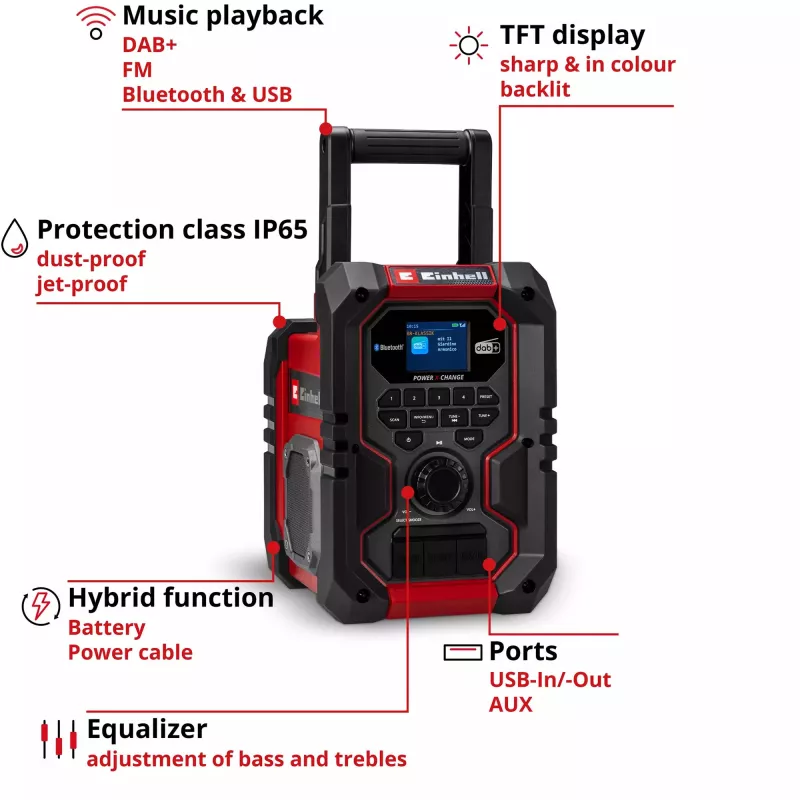 Rádio portátil EINHELL TE-CR 18 Li DAB+ FM Bluetooth USB, a bateria (compatível com TE-CR 18 Li)