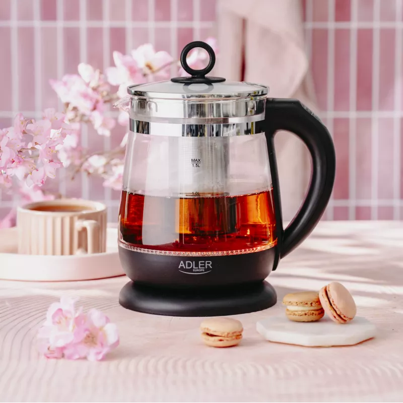 Chaleira elétrica Adler | AD 1299 | elétrica | 2200 W | 1,5 L | vidro | base rotativa 360° | preta