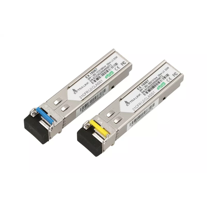 Módulo SFP WDM Extralink 1,25G, 1,25Gbps, 1310/1550nm, monomodo, 20km, LC, DOM, par, desenvolvido para HP/Aruba