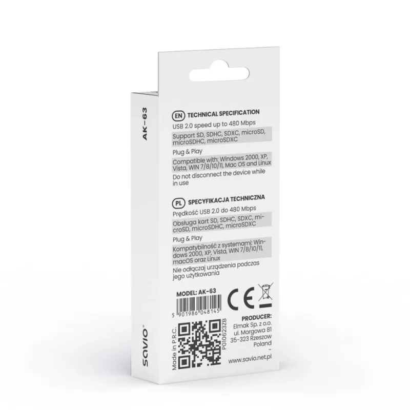 Leitor de cartões SD, USB 2.0, 480 Mbit/s, AK-63 Savio SAVAK-63
