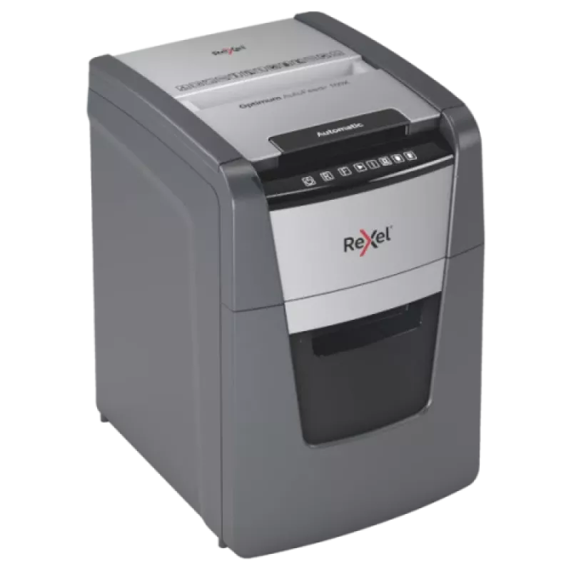 Rexel Optimum AutoFeed+ 100X trituradora de papel, corte em partículas P-4 4x28 mm, 100 folhas, cesto de 34 L