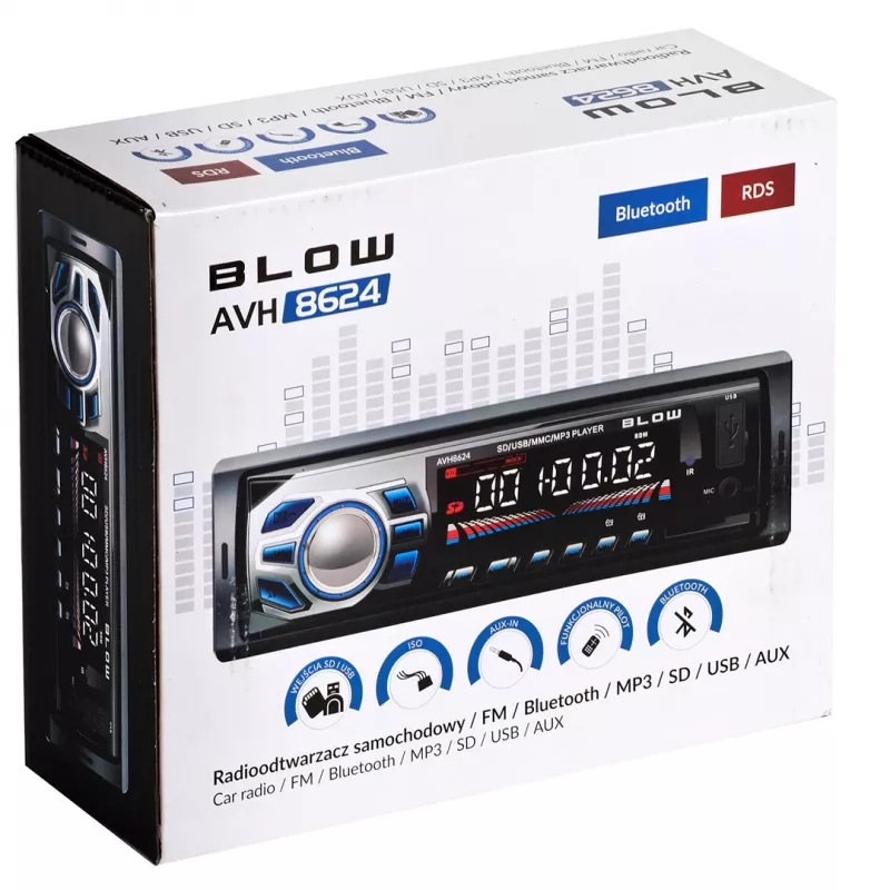 BLOW AVH-8624 auto-rádio, 1 DIN, FM RDS, Bluetooth, USB, SD/MMC, AUX, MP3, ecrã LCD, telecomando, preto