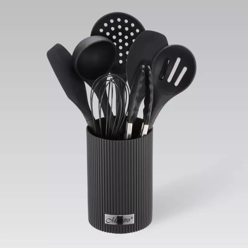 Conjunto de utensílios de cozinha Maestro MR-1542 — 8 peças em silicone para bancada, preto, empilhável com suporte de armazenamento