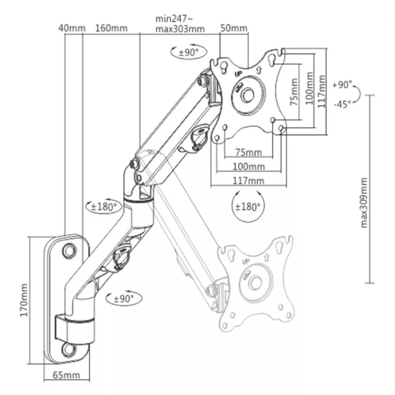 Suporte de parede para monitor Gembird MA-WA1-02, um braço, para monitores de 17