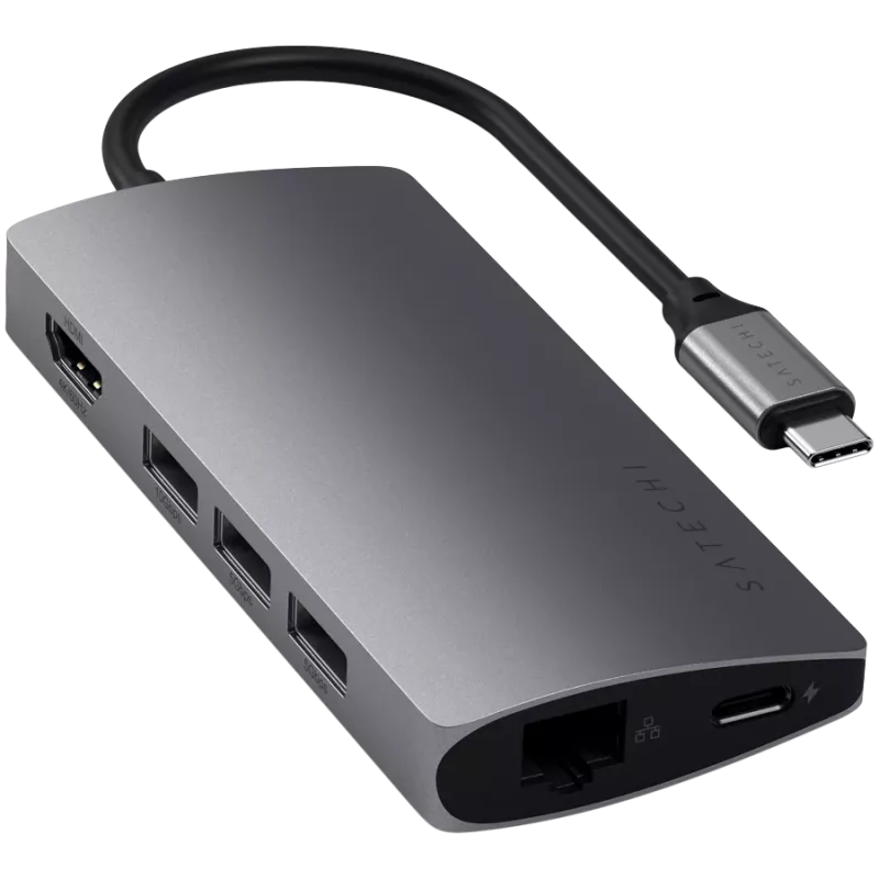 Adaptador de alumínio Satechi V2 USB-C (USB-C, 3x USB-A, 4K HDMI, leitor de cartões micro/SD, Ethernet) (Starlight Grey)