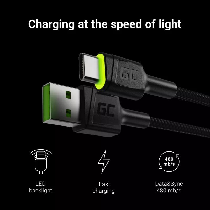 Cabo USB Green Cell KABGC13 USB 2.0 2 m USB A USB C preto