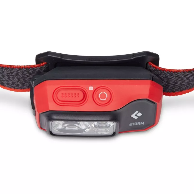 Lanterna frontal Diamond Storm 450 preta com faixa de cabeça preta e vermelha
